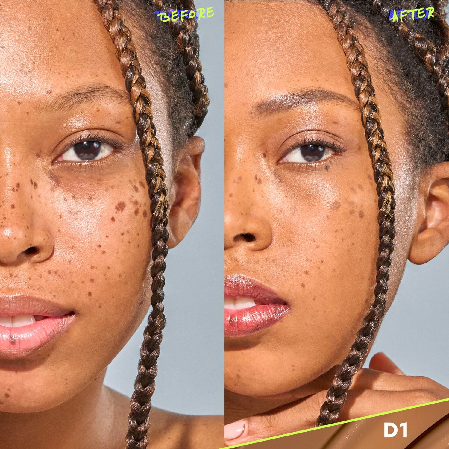 CoverFX Power Play Foundation before and after model image in shade D1