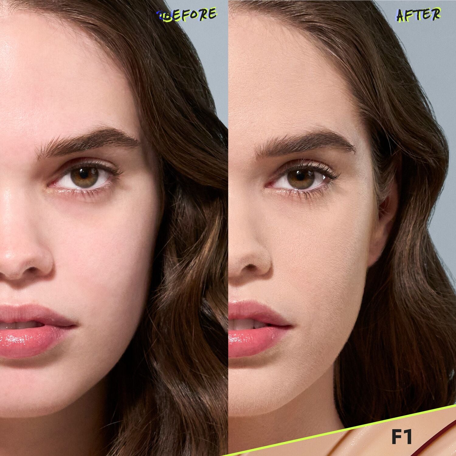 CoverFX Power Play Foundation before and after model image in shade F1