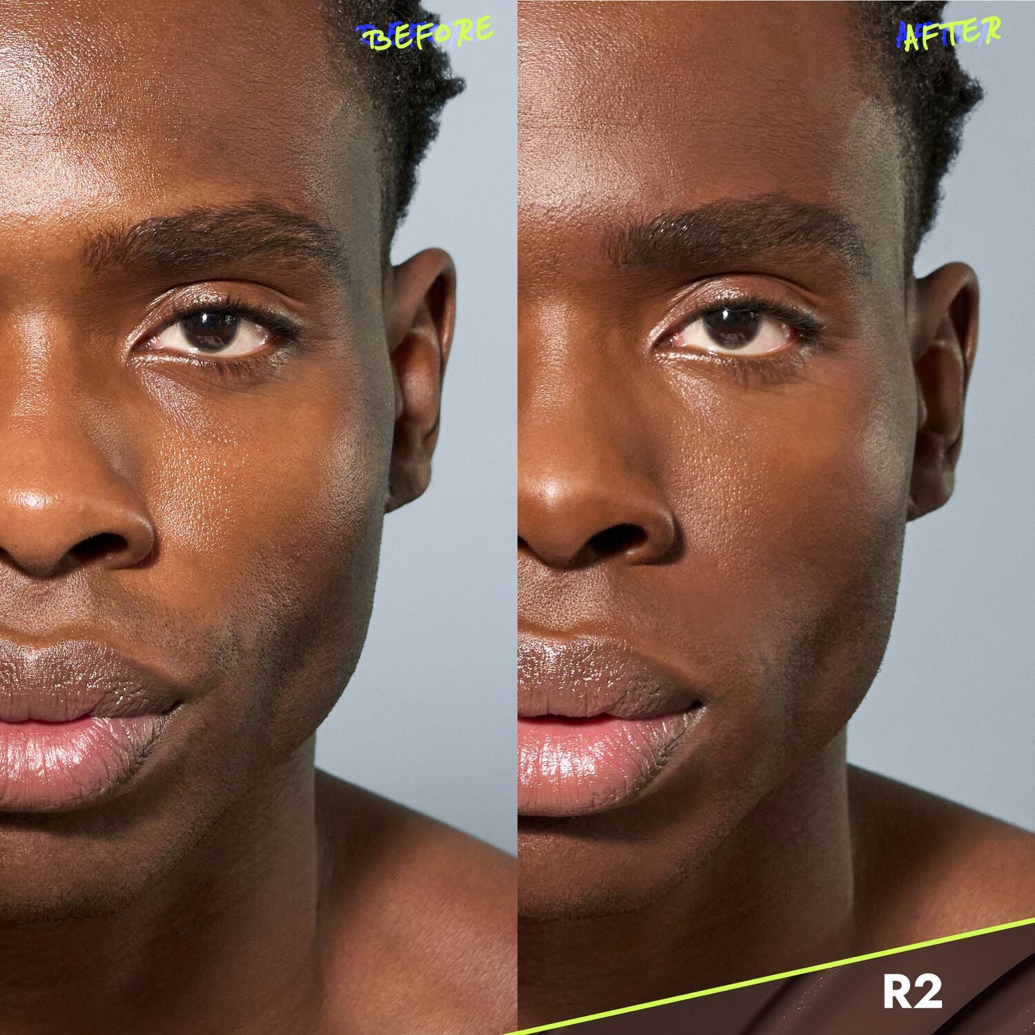 CoverFX Power Play Foundation before and after model image in shade R2