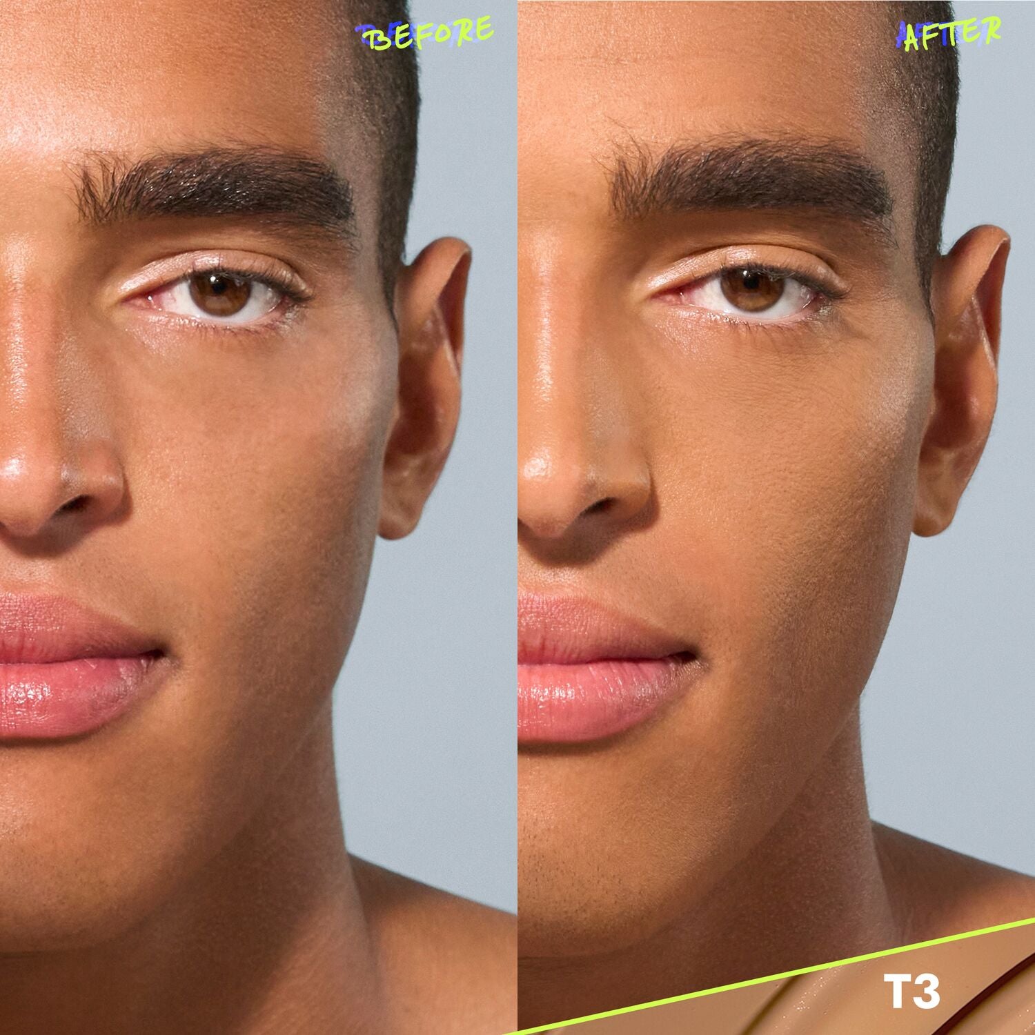 CoverFX Power Play Foundation before and after model image in shade T3
