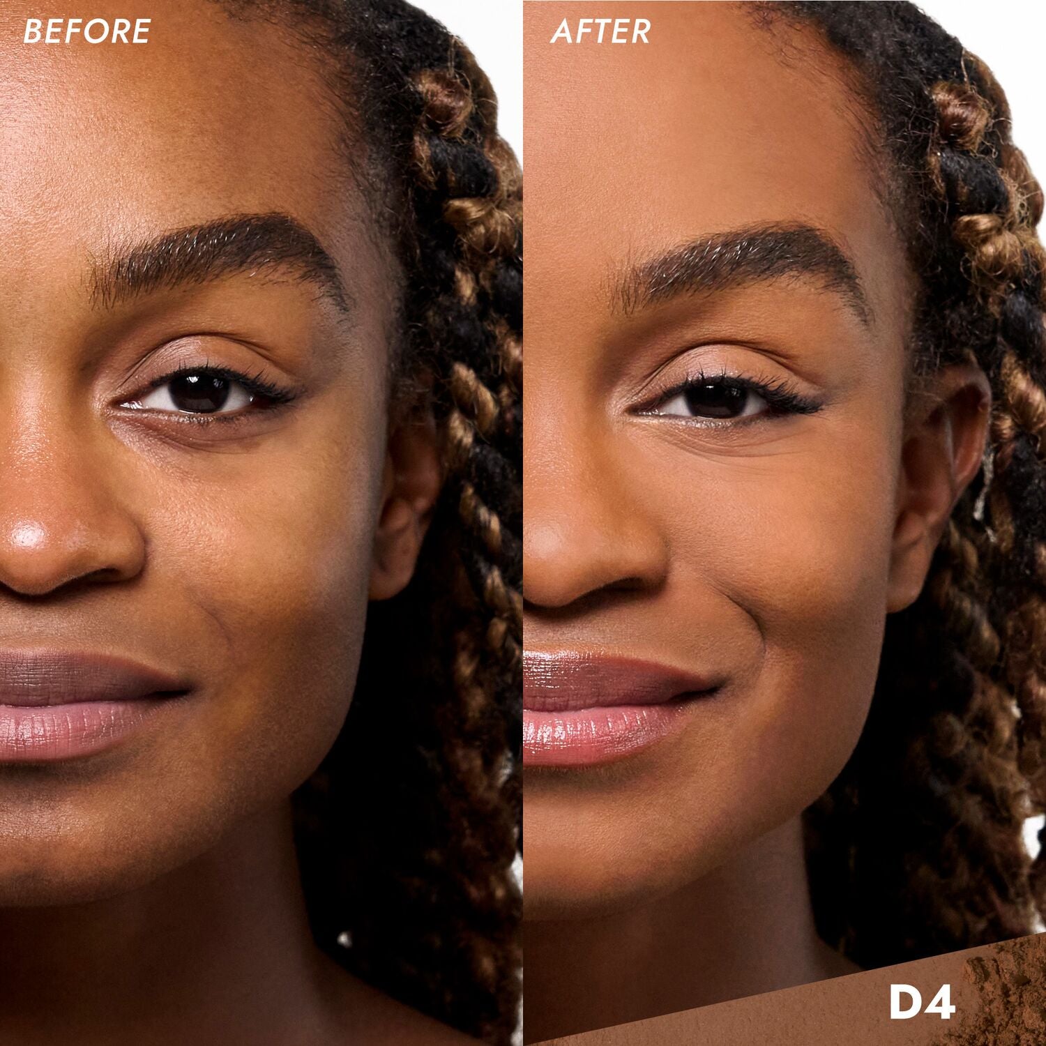 Coverfx Pressed Mineral Foundation model before and after image in shade  D4