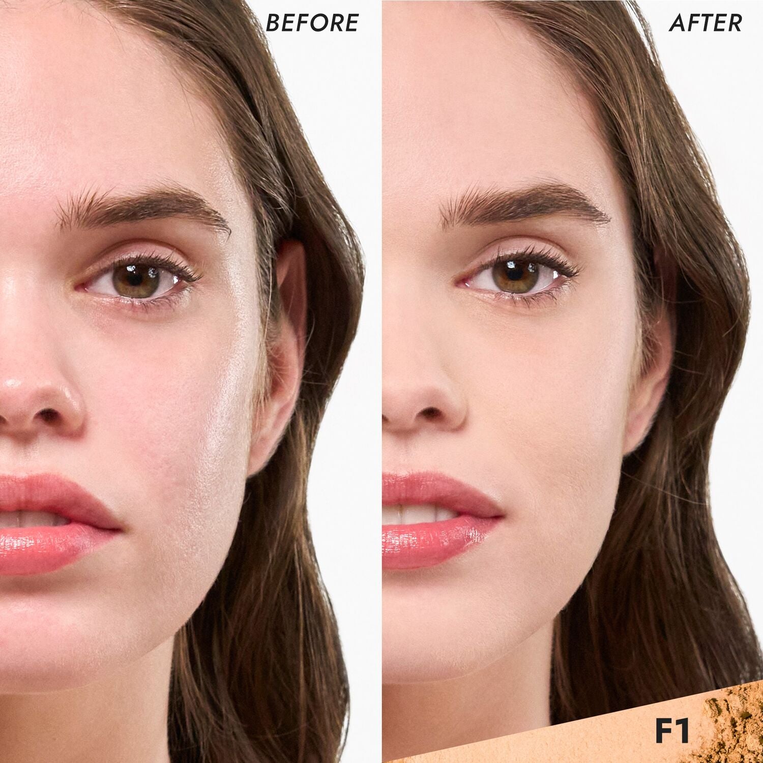 Coverfx Pressed Mineral Foundation model before and after image in shade  F1