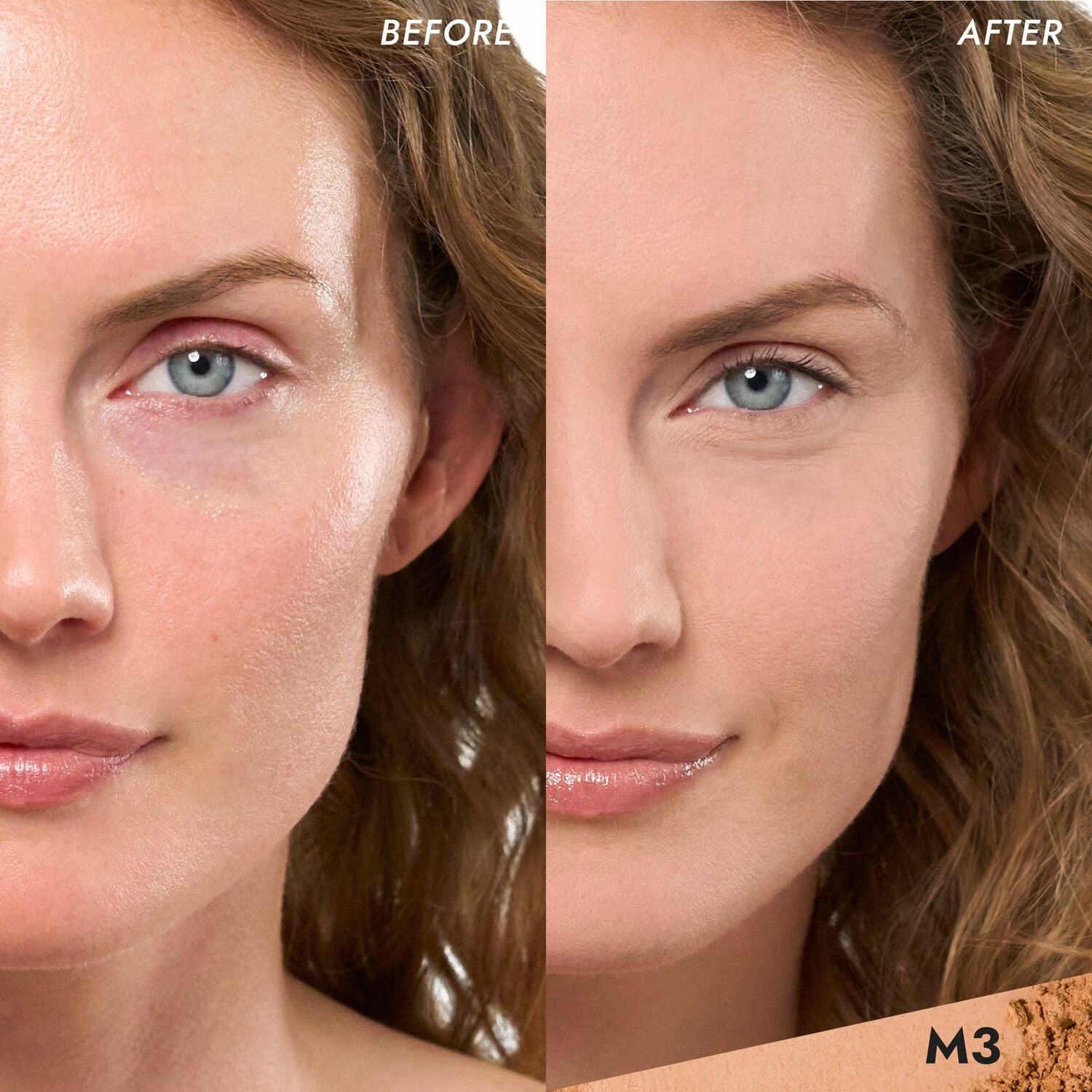Coverfx Pressed Mineral Foundation model before and after image in shade  M3