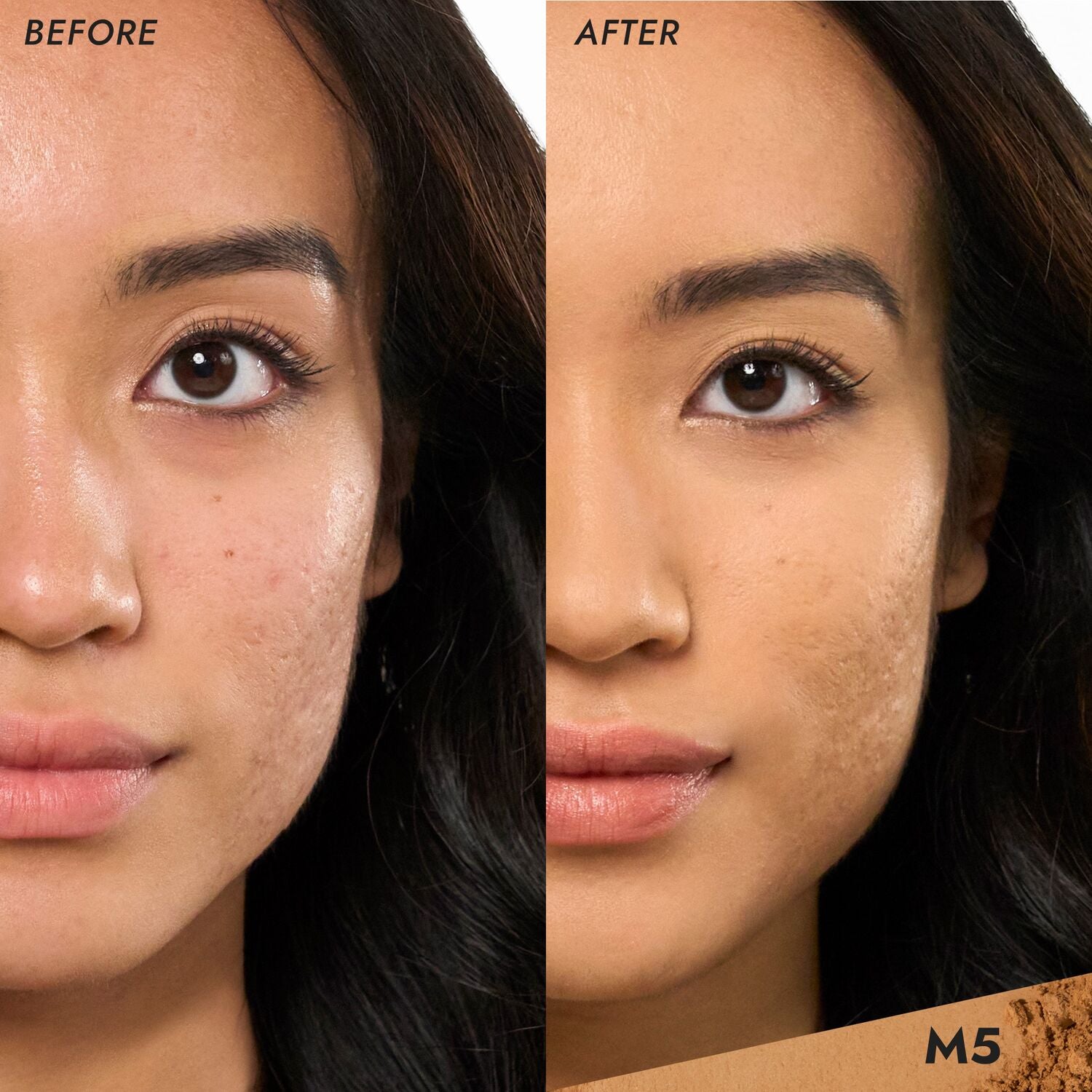 Coverfx Pressed Mineral Foundation model before and after image in shade  M5