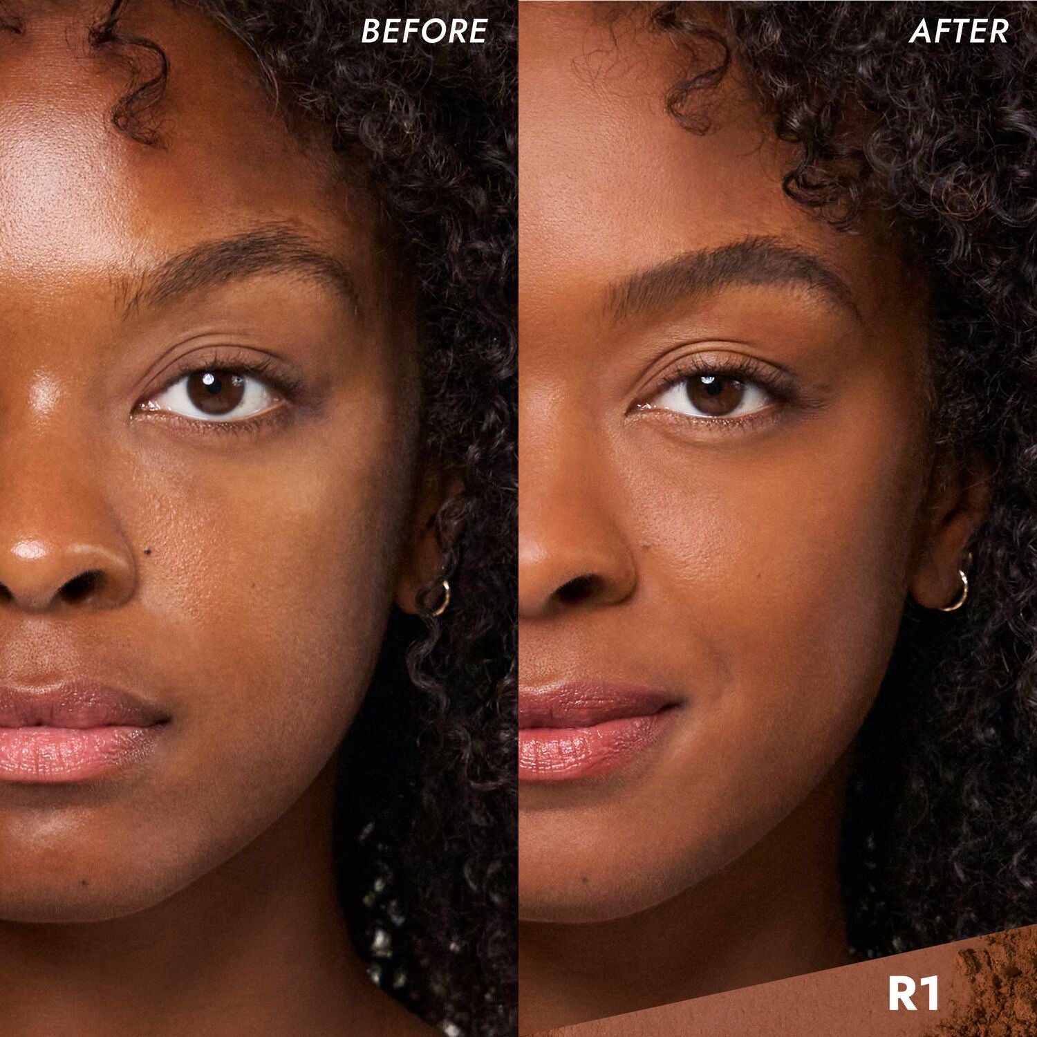 Coverfx Pressed Mineral Foundation model before and after image in shade  R1