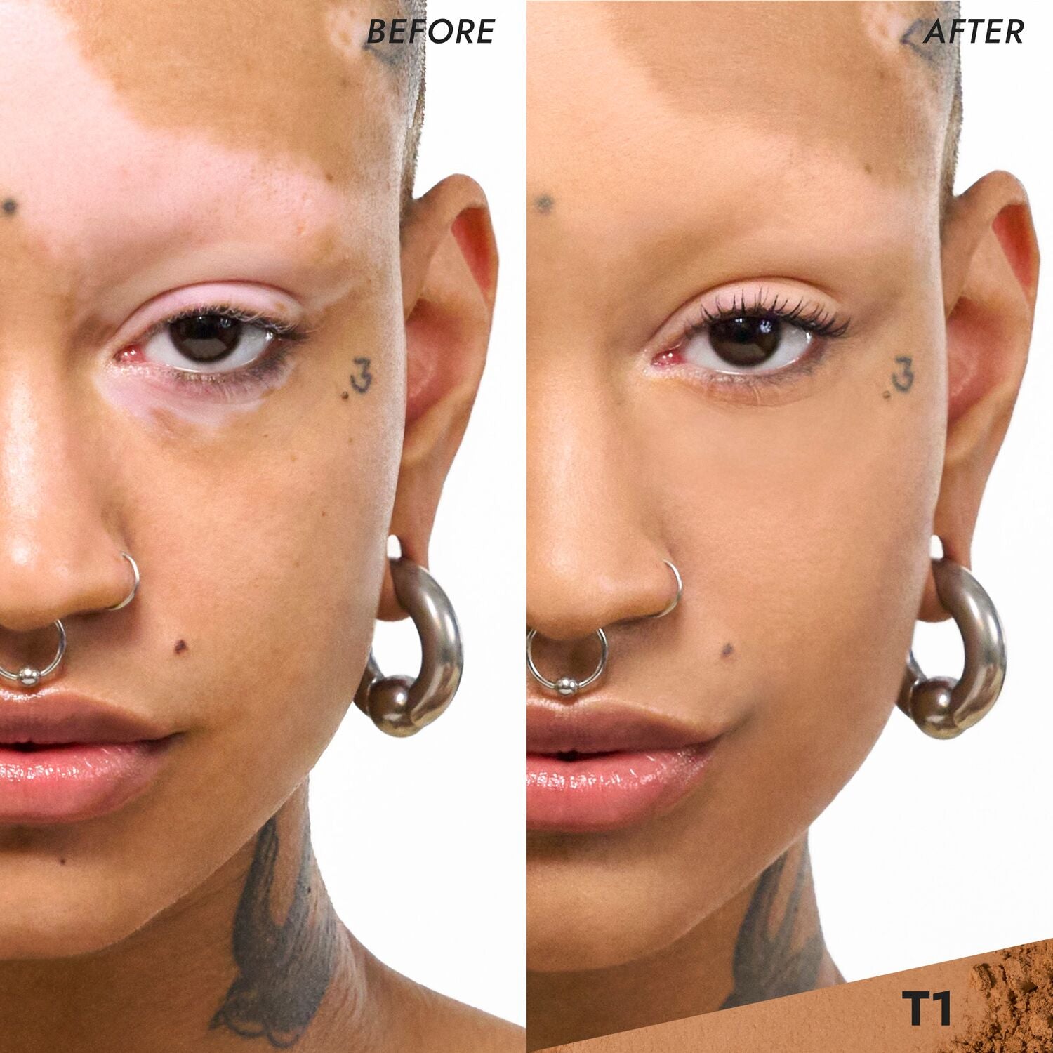 Coverfx Pressed Mineral Foundation model before and after image in shade T1