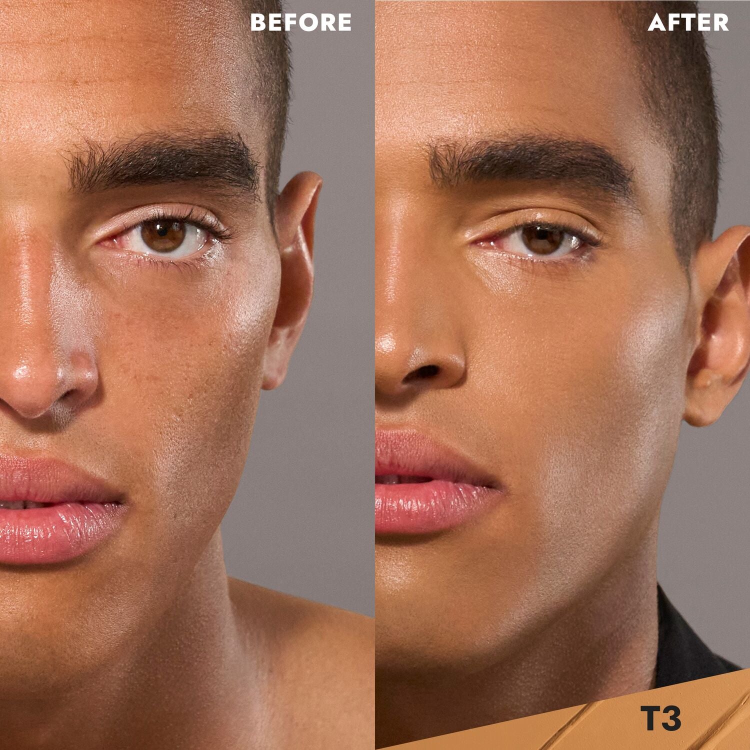 CoverFX Total Cover Cream Foundation Model before and after image in T3