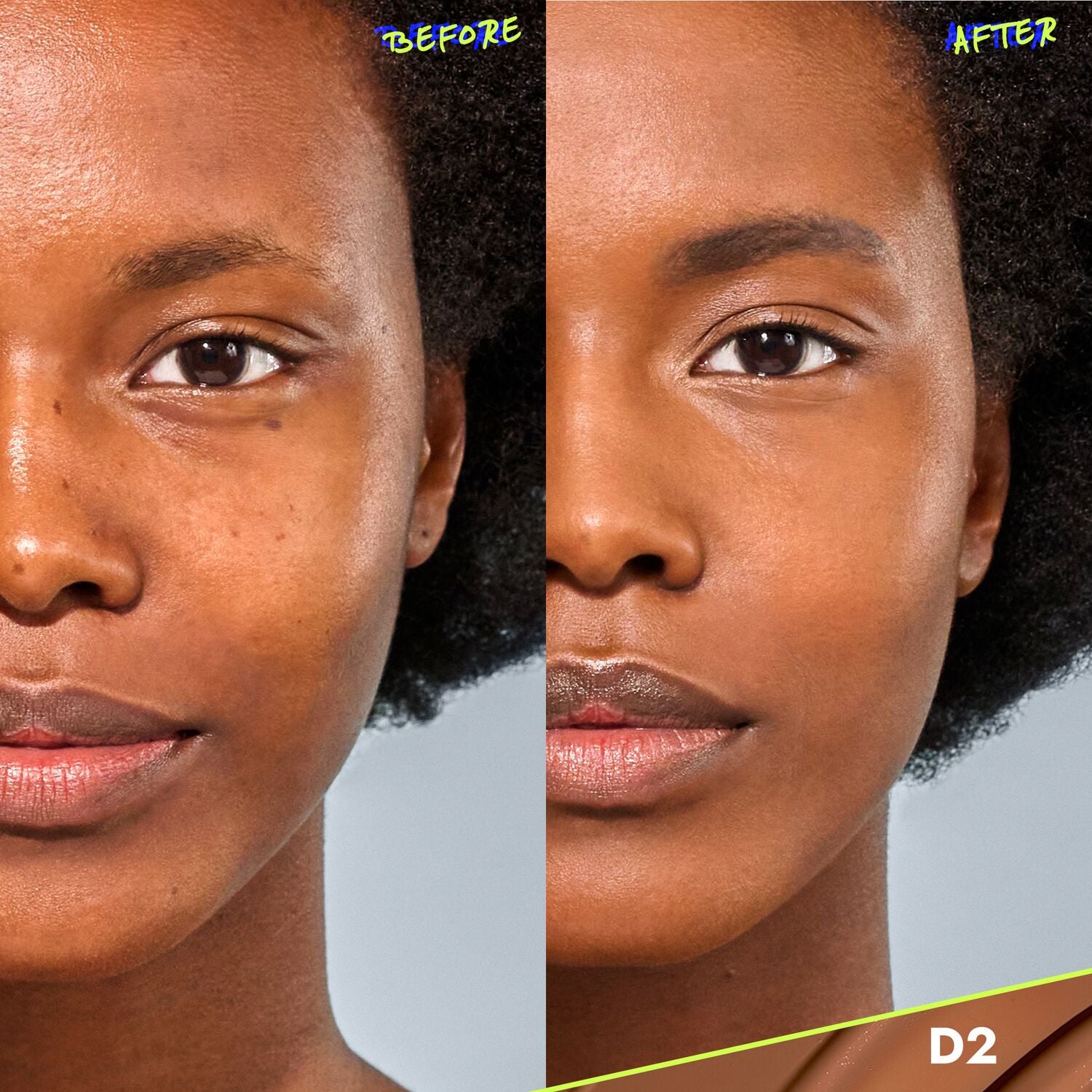 CoverFX Power Play Foundation before and after model image in shade D2