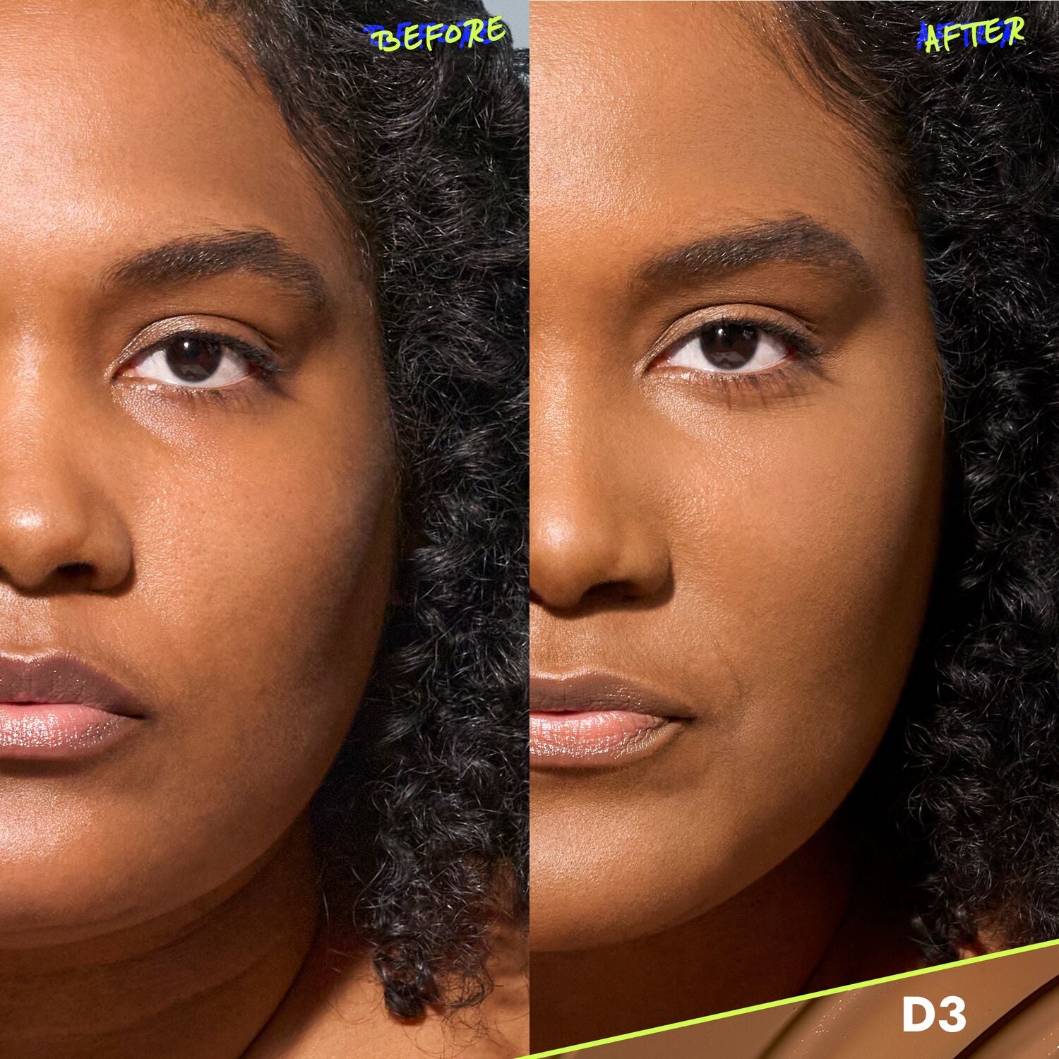 CoverFX Power Play Foundation before and after model image in shade D3