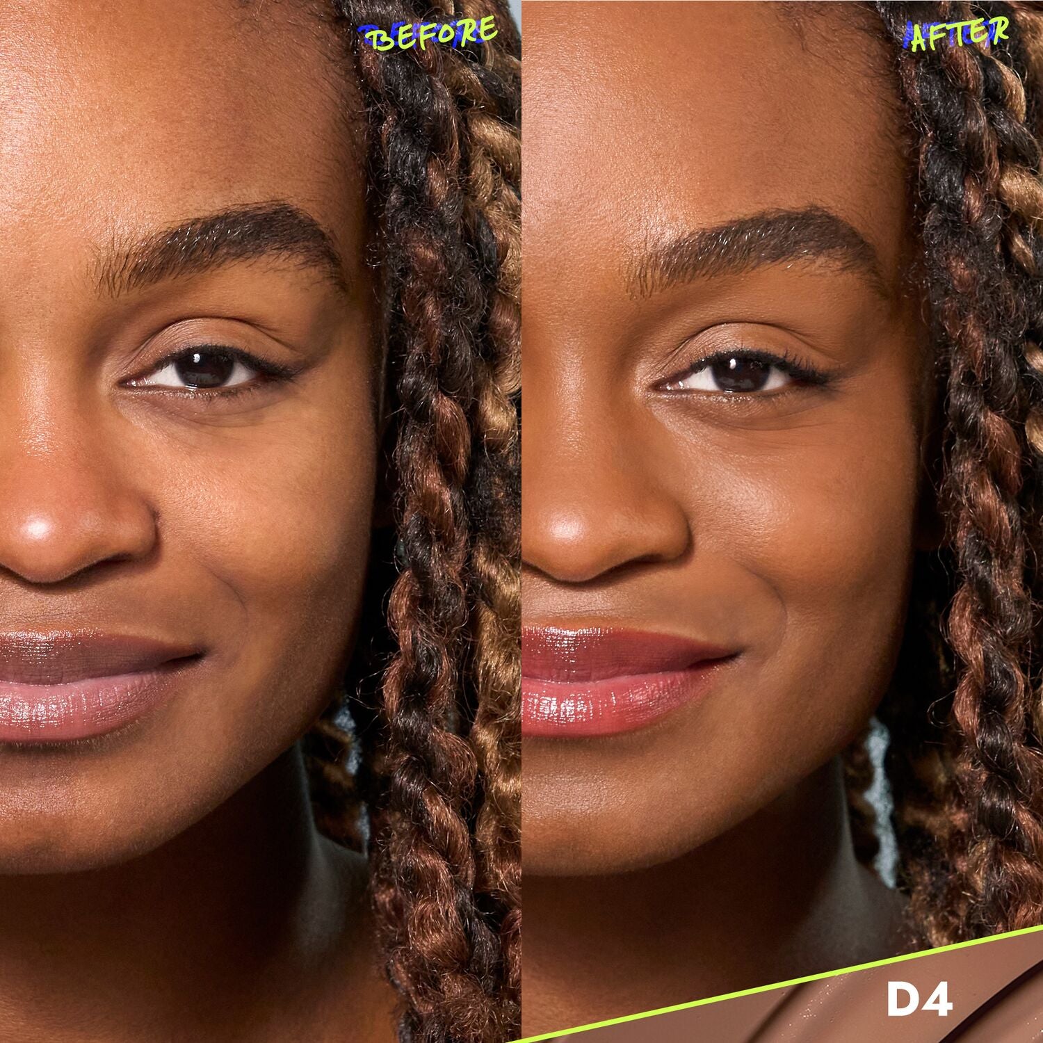 CoverFX Power Play Foundation before and after model image in shade D4
