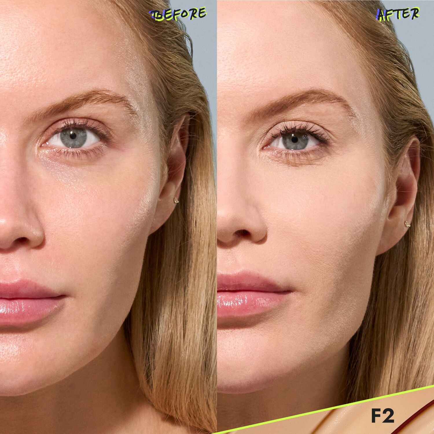 CoverFX Power Play Foundation before and after model image in shade F2