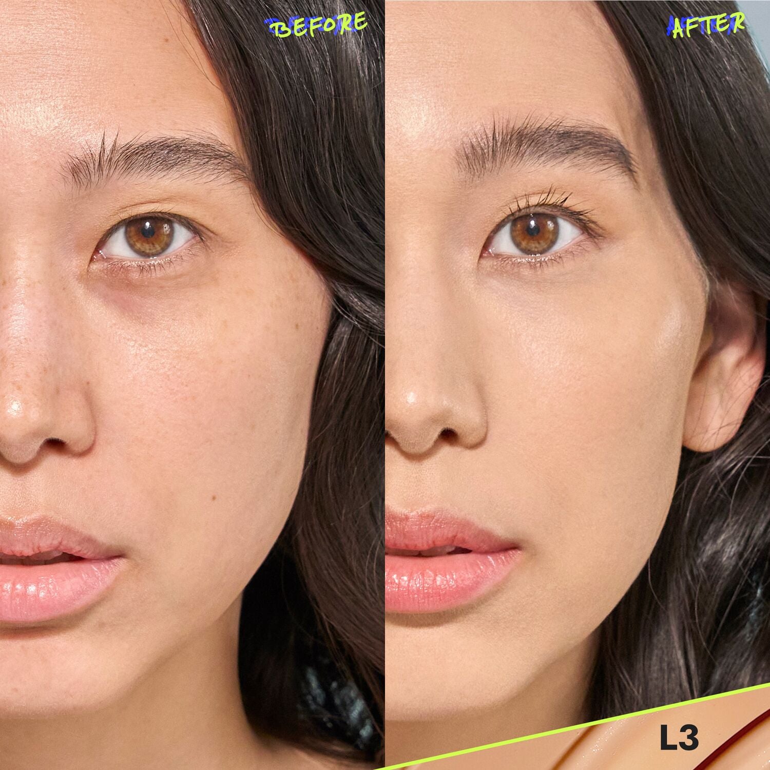 CoverFX Power Play Foundation before and after model image in shade L3