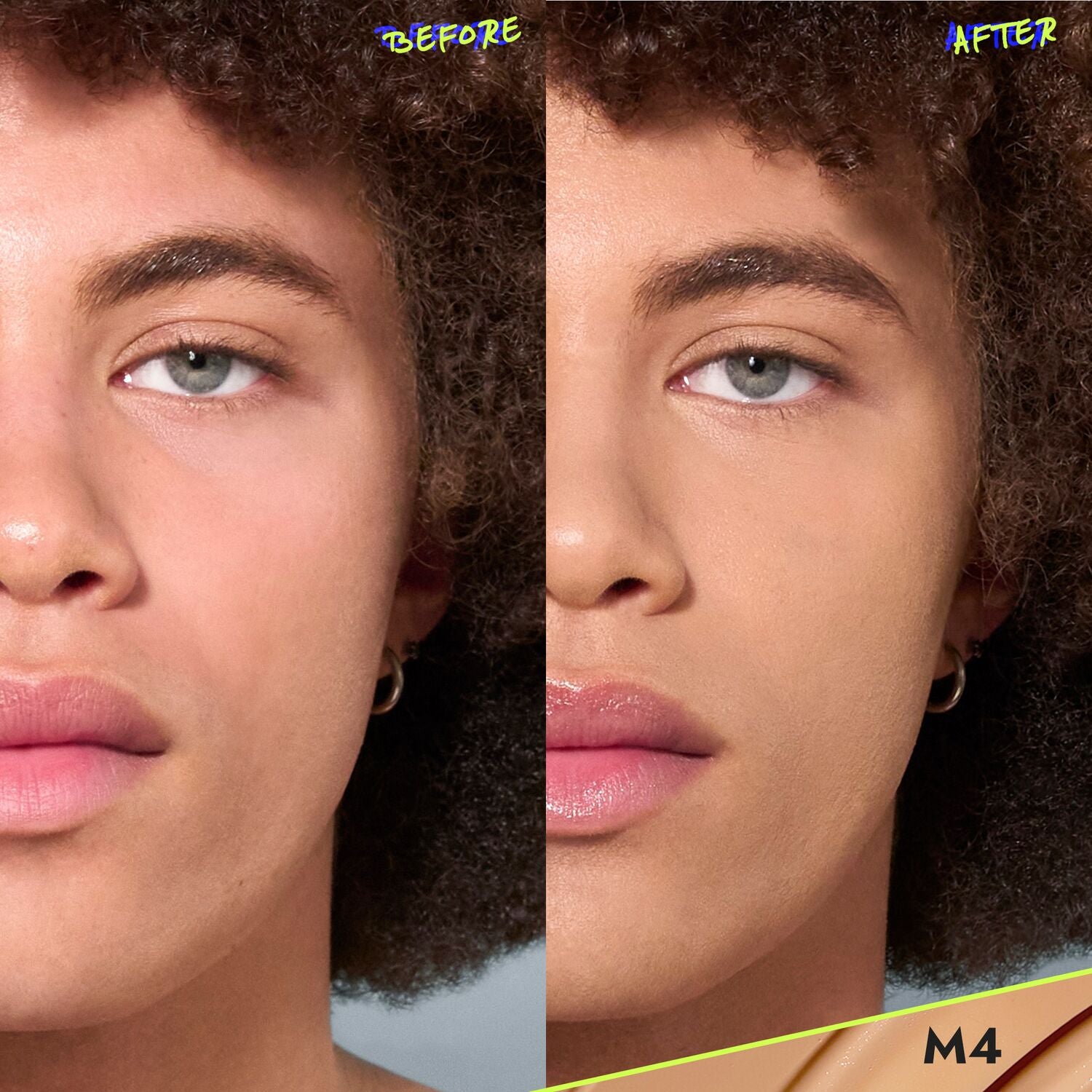 CoverFX Power Play Foundation before and after model image in shade M4