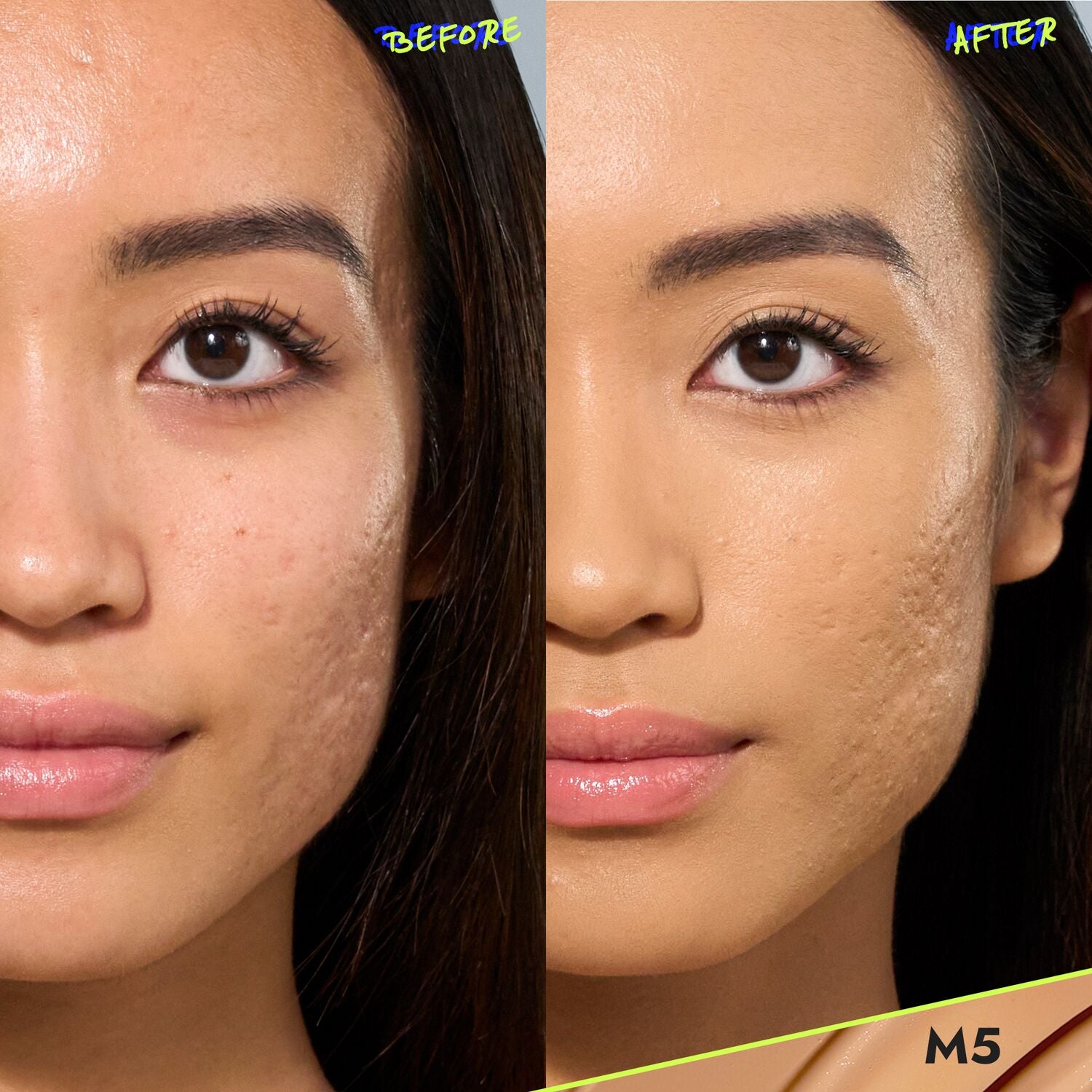 CoverFX Power Play Foundation before and after model image in shade MA