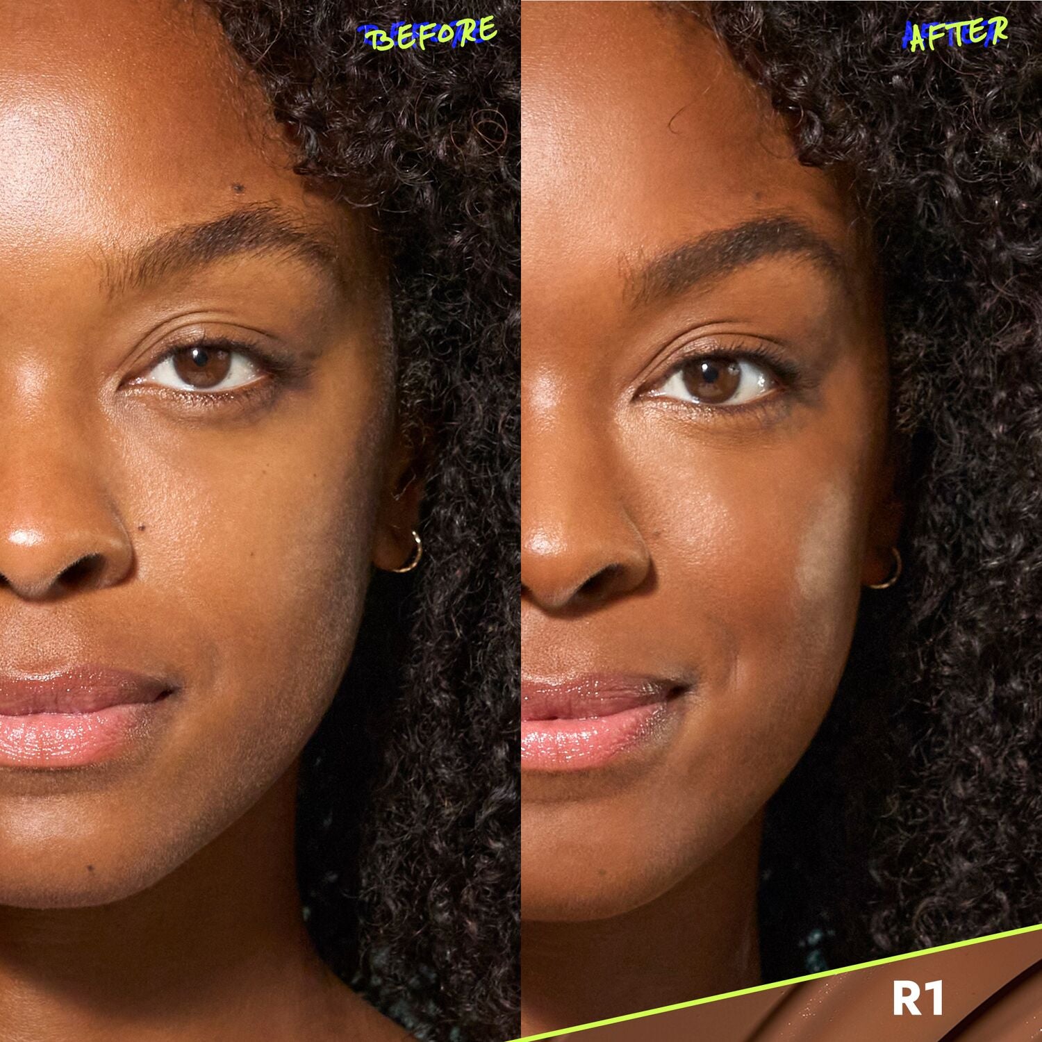 CoverFX Power Play Foundation before and after model image in shade R1
