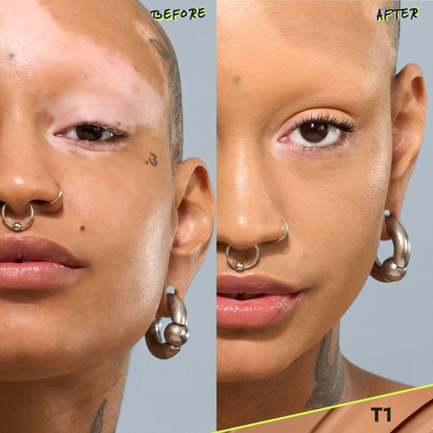 CoverFX Power Play Foundation before and after model image in shade T1