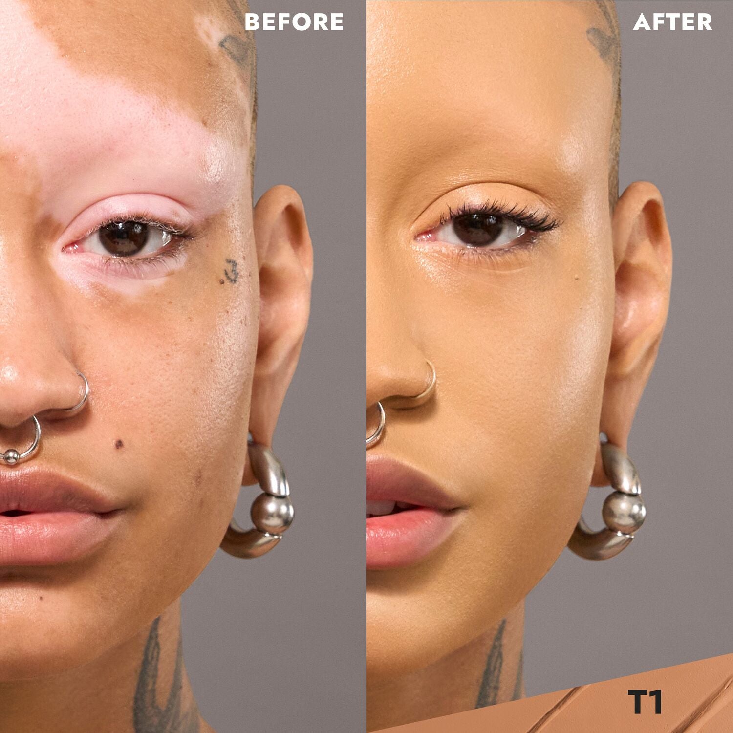 CoverFX Total Cover Cream Foundation Model before and after image in T1