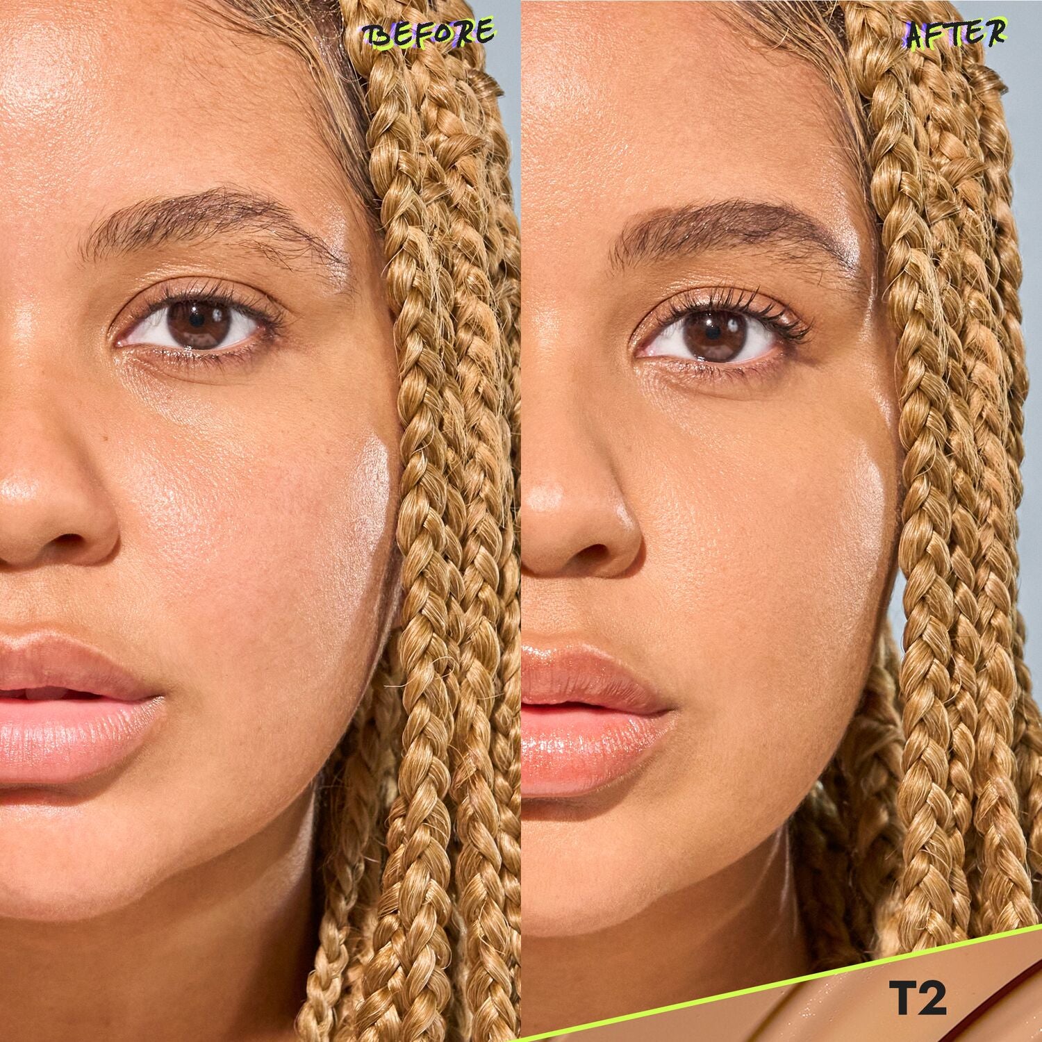CoverFX Power Play Foundation before and after model image in shade T2