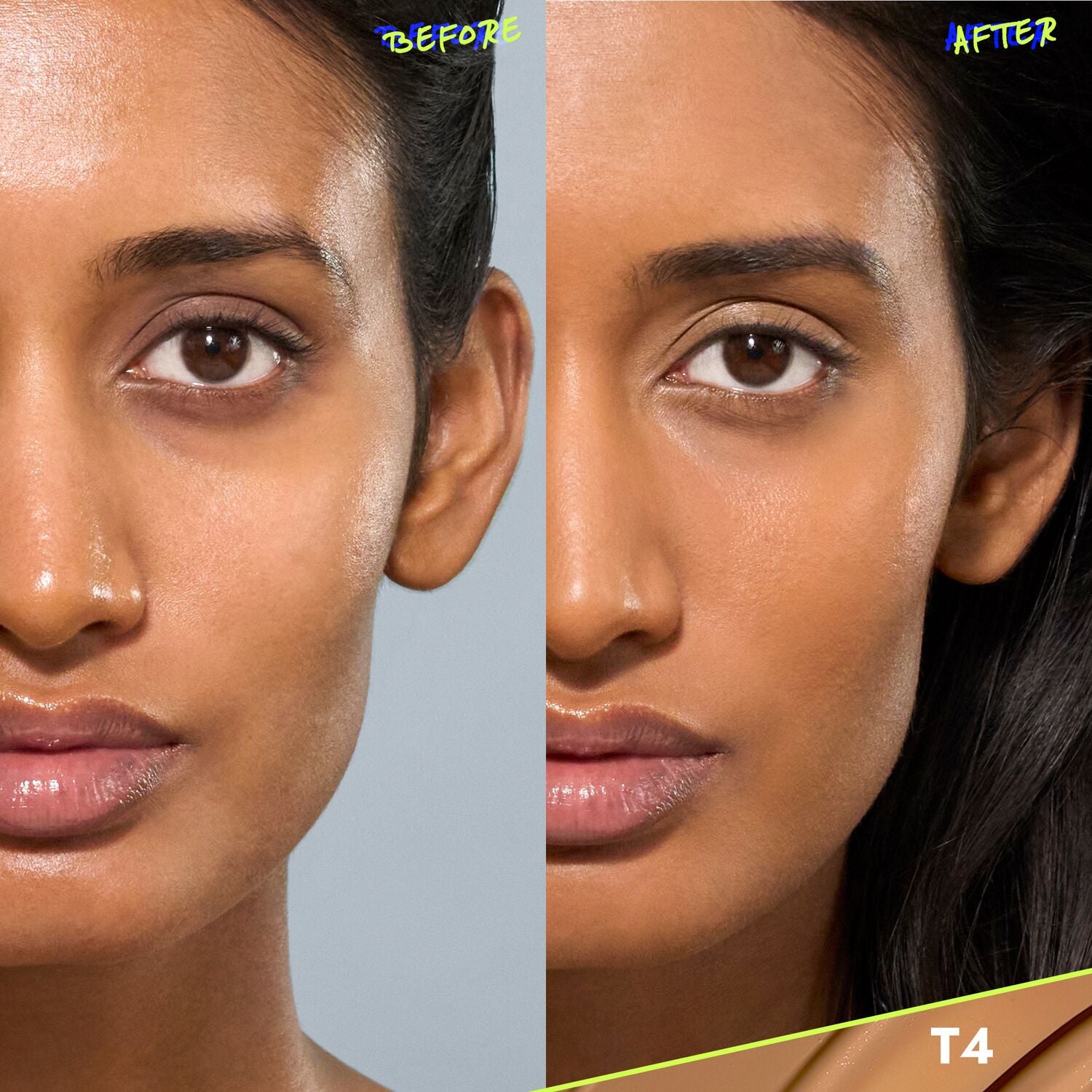 CoverFX Power Play Foundation before and after model image in shade T4