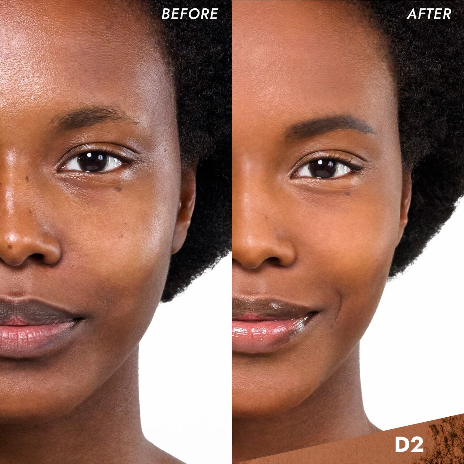 Coverfx Pressed Mineral Foundation model before and after image in shade  D2