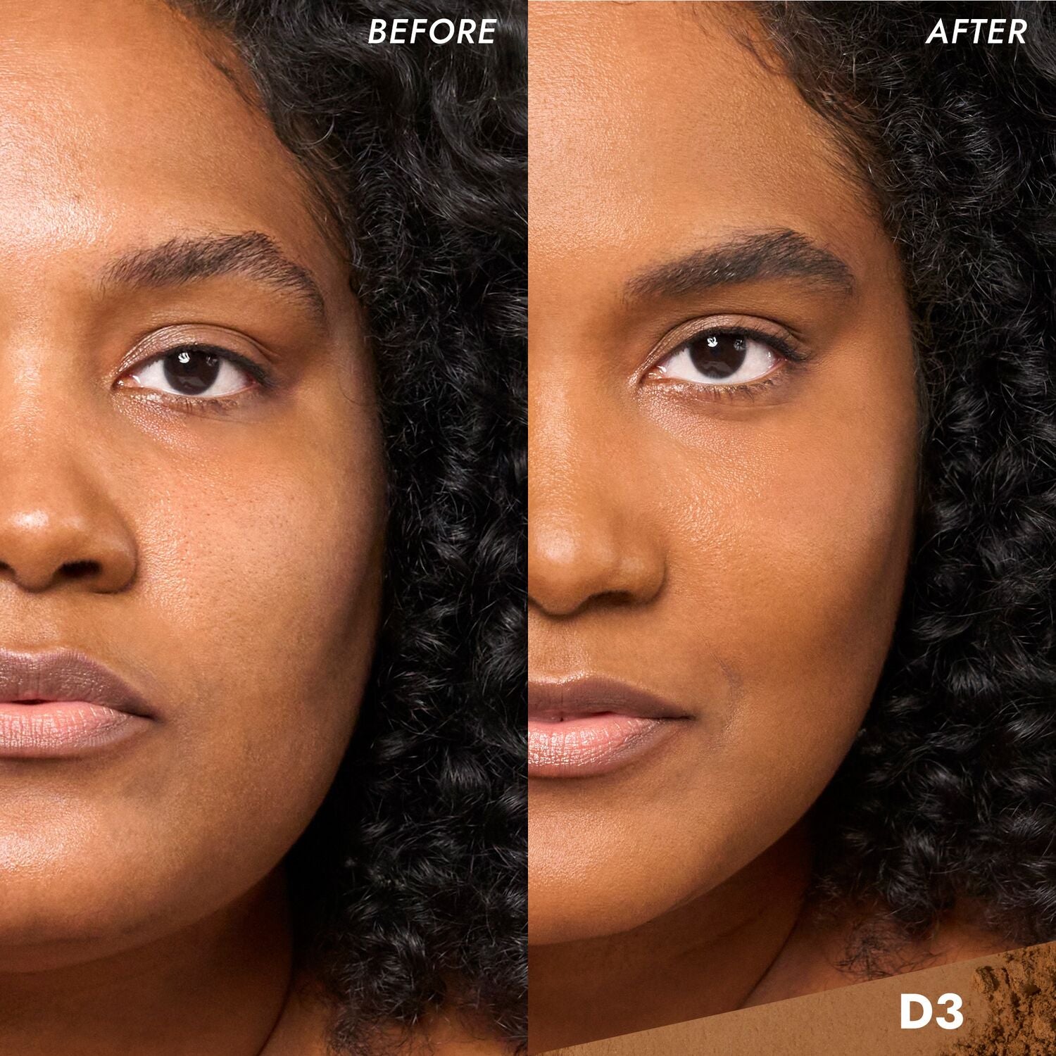 Coverfx Pressed Mineral Foundation model before and after image in shade  D3