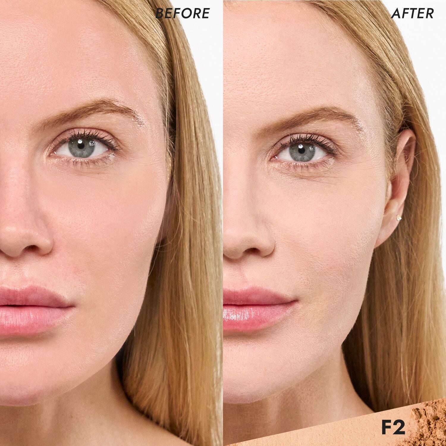 Coverfx Pressed Mineral Foundation model before and after image in shade  F2