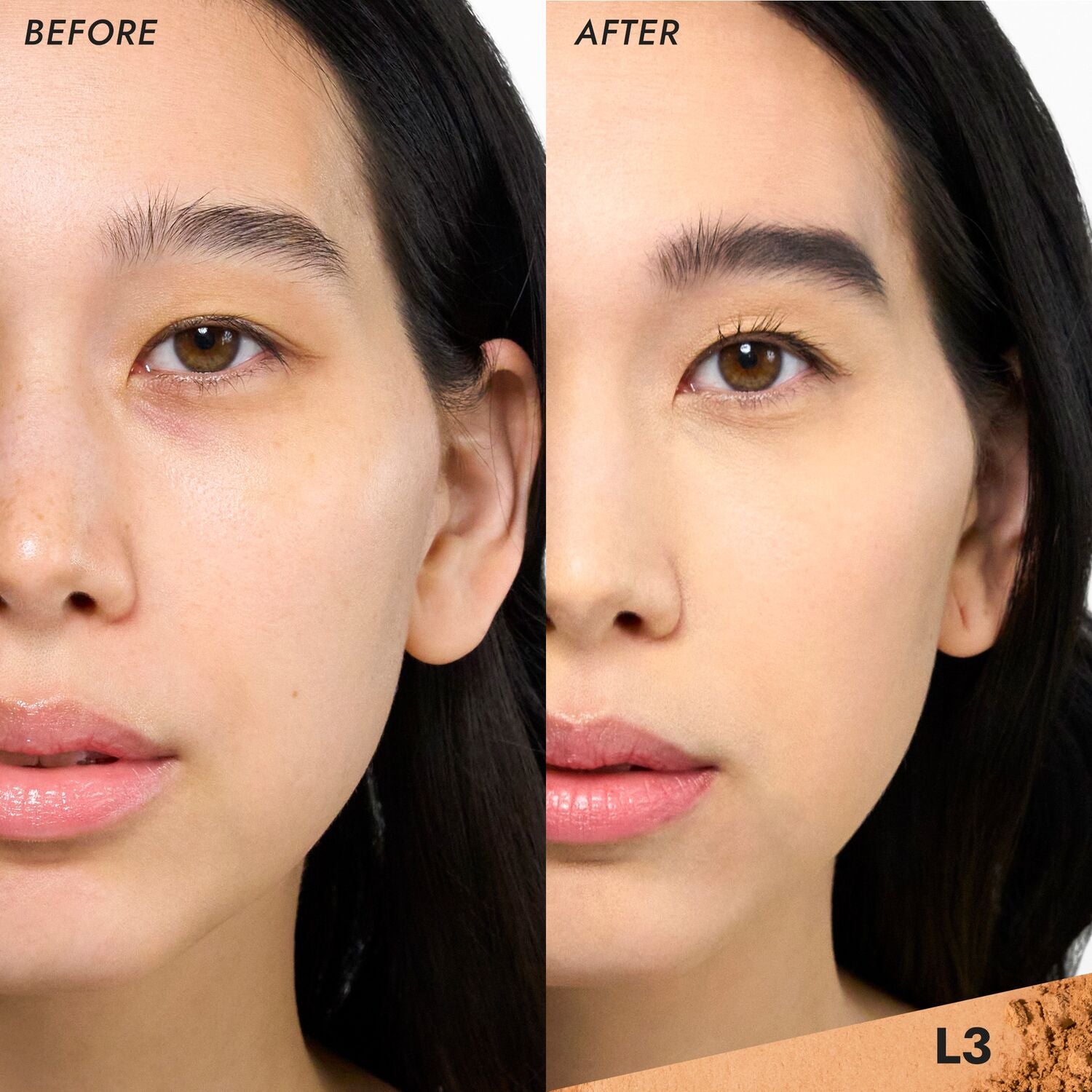 Coverfx Pressed Mineral Foundation model before and after image in shade  L3