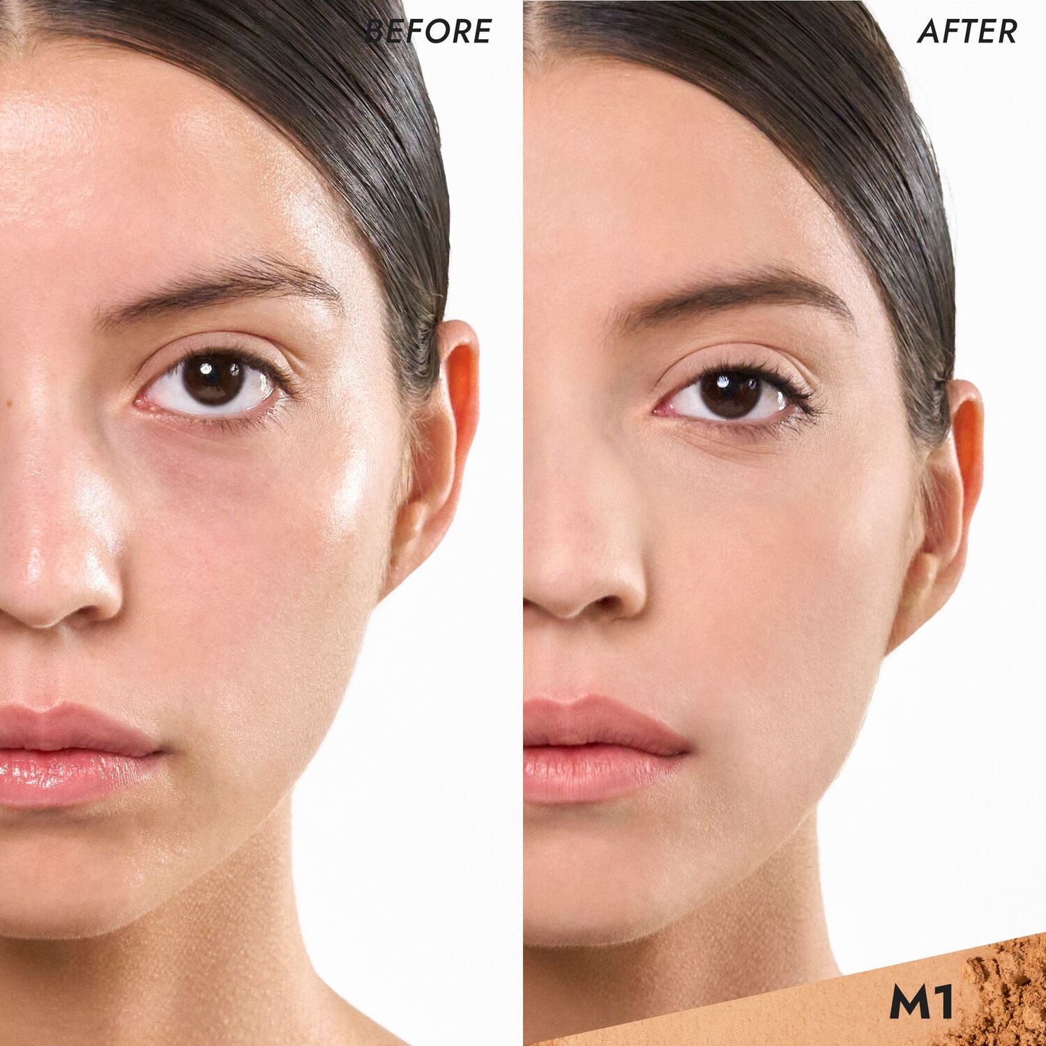 Coverfx Pressed Mineral Foundation model before and after image in shade  M1