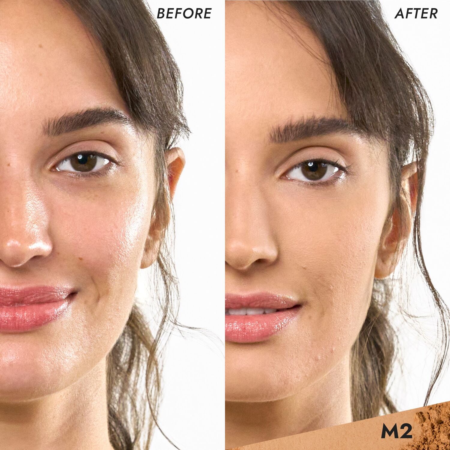 Coverfx Pressed Mineral Foundation model before and after image in shade  M2
