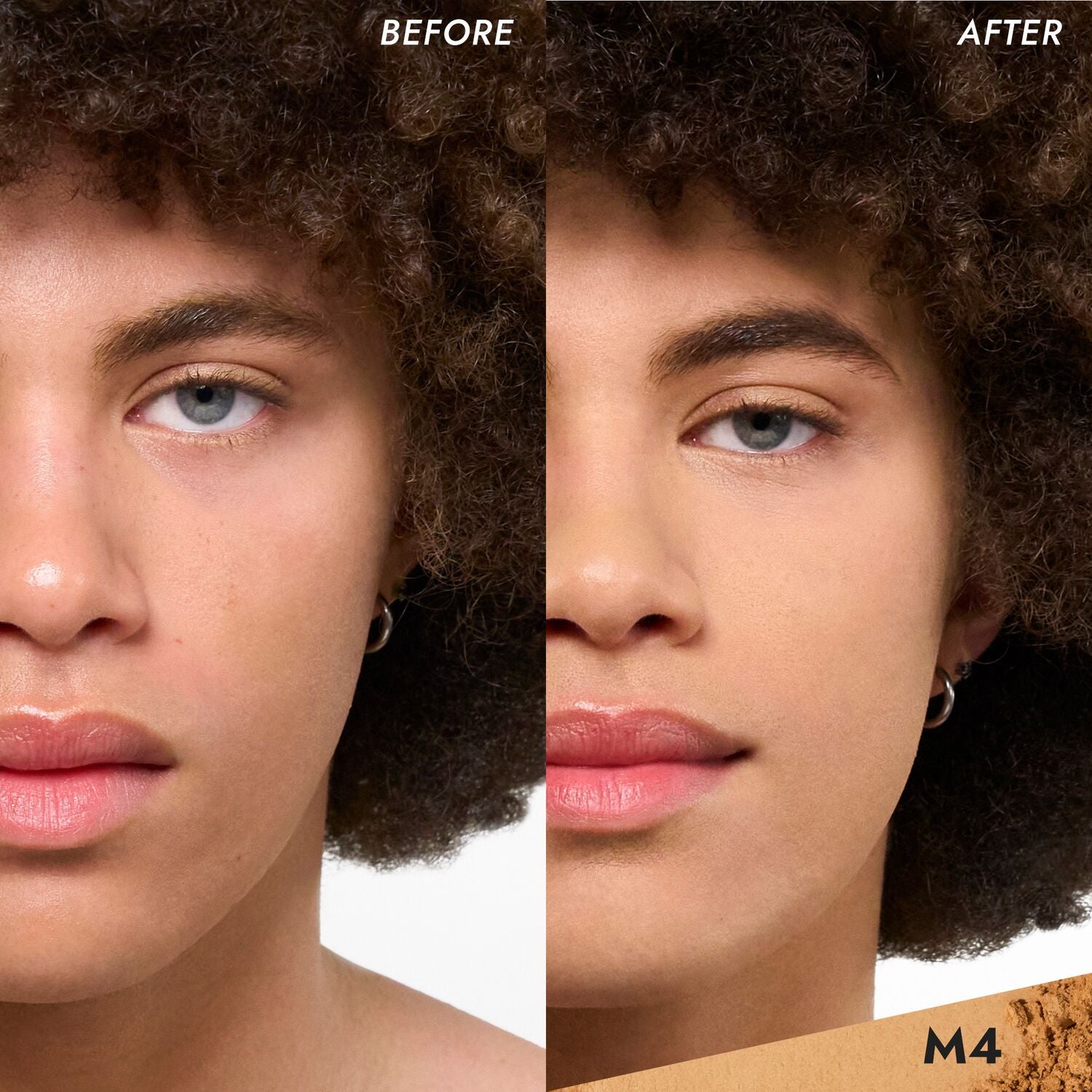 Coverfx Pressed Mineral Foundation model before and after image in shade  M4