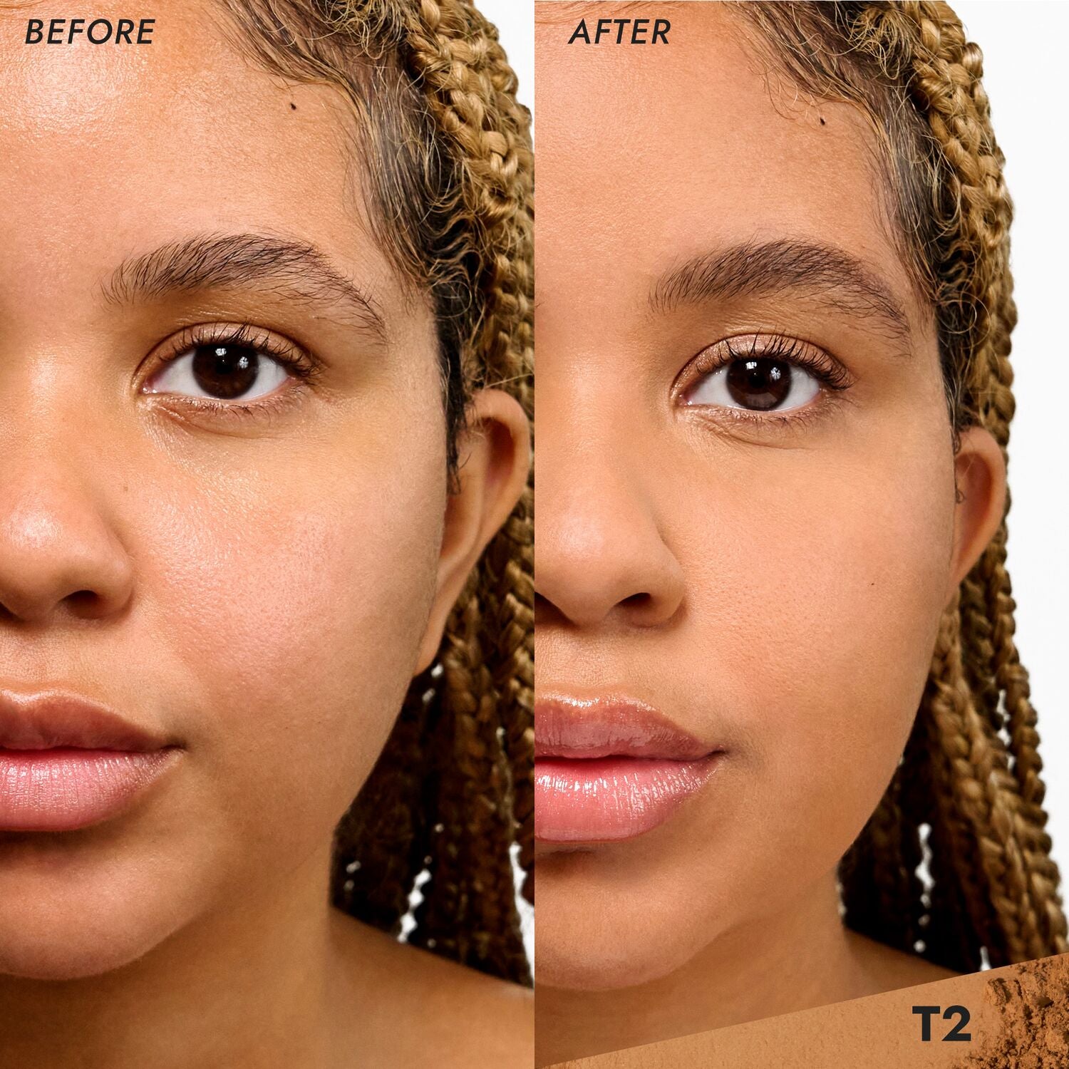 Coverfx Pressed Mineral Foundation model before and after image in shade  T2