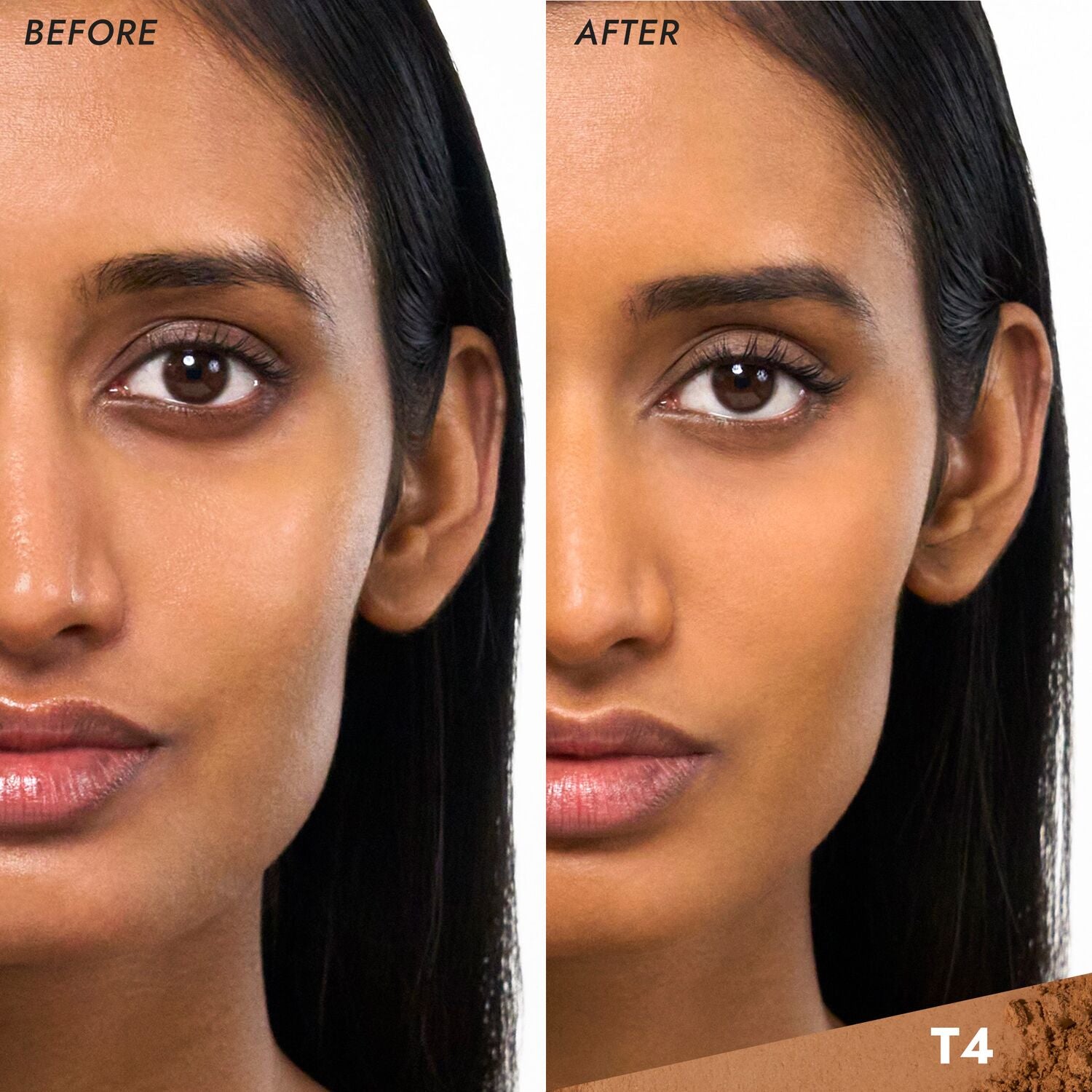 Coverfx Pressed Mineral Foundation model before and after image in shade  T4