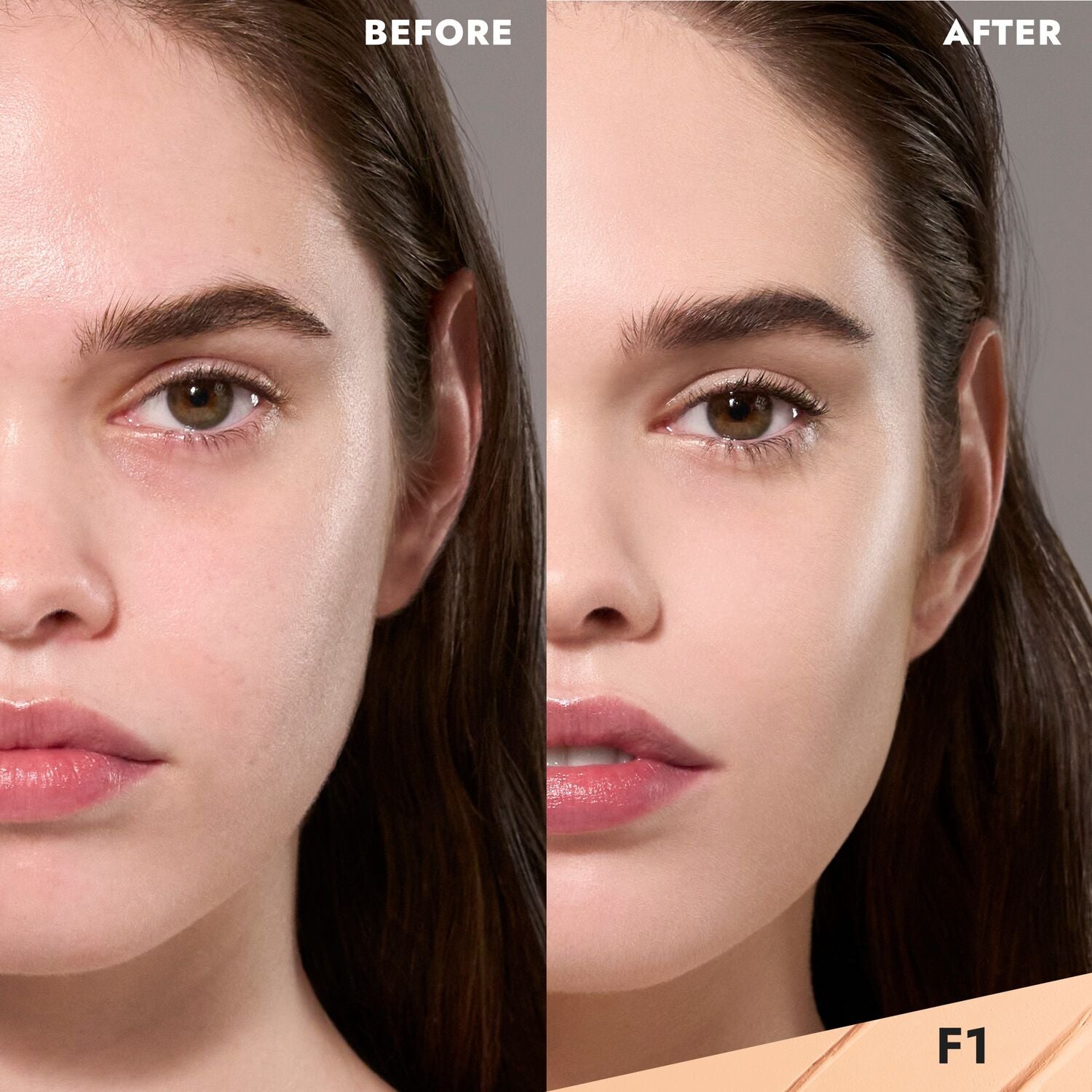 CoverFX Total Cover Cream Foundation Model before and after image in F1