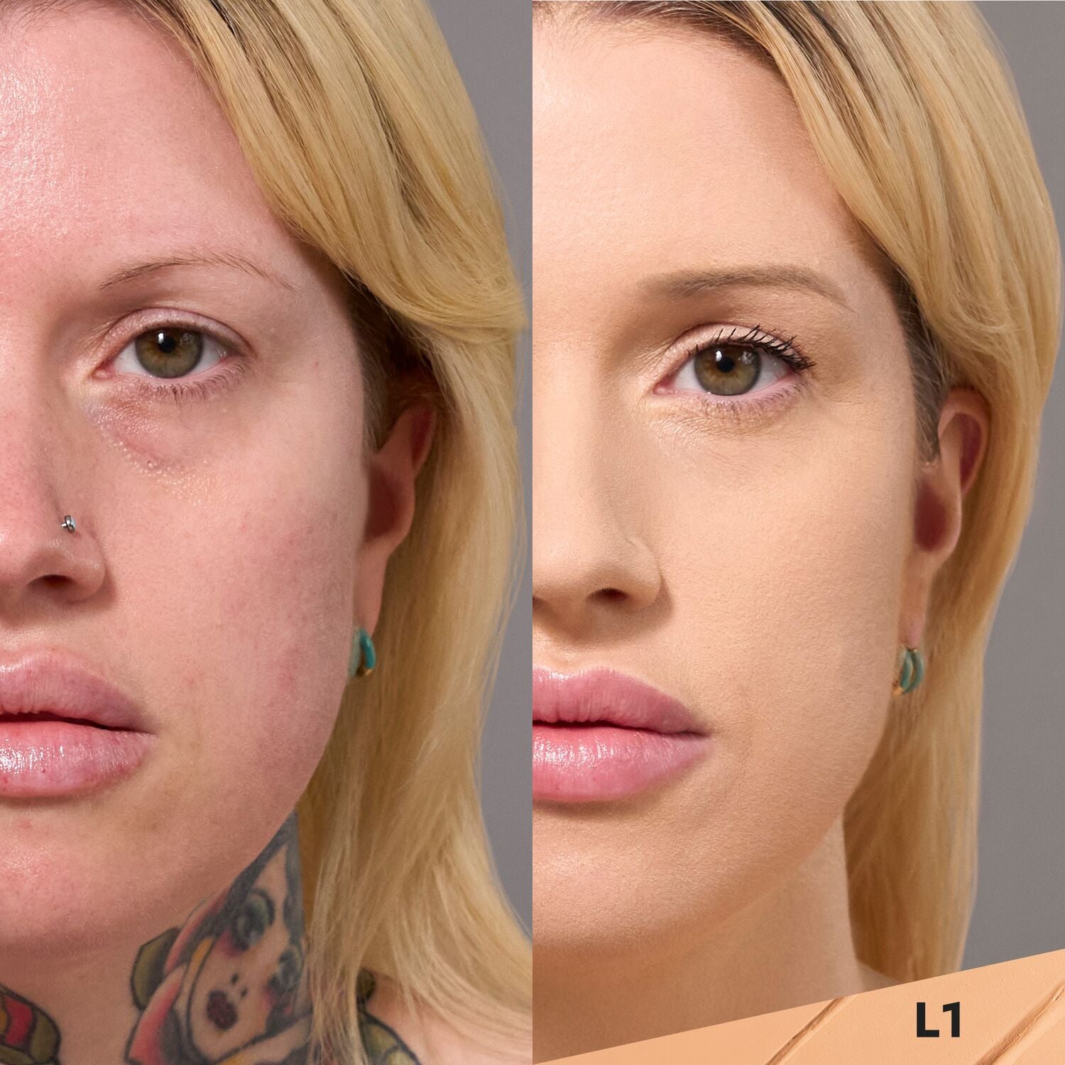 CoverFX Total Cover Cream Foundation Model before and after image in L1