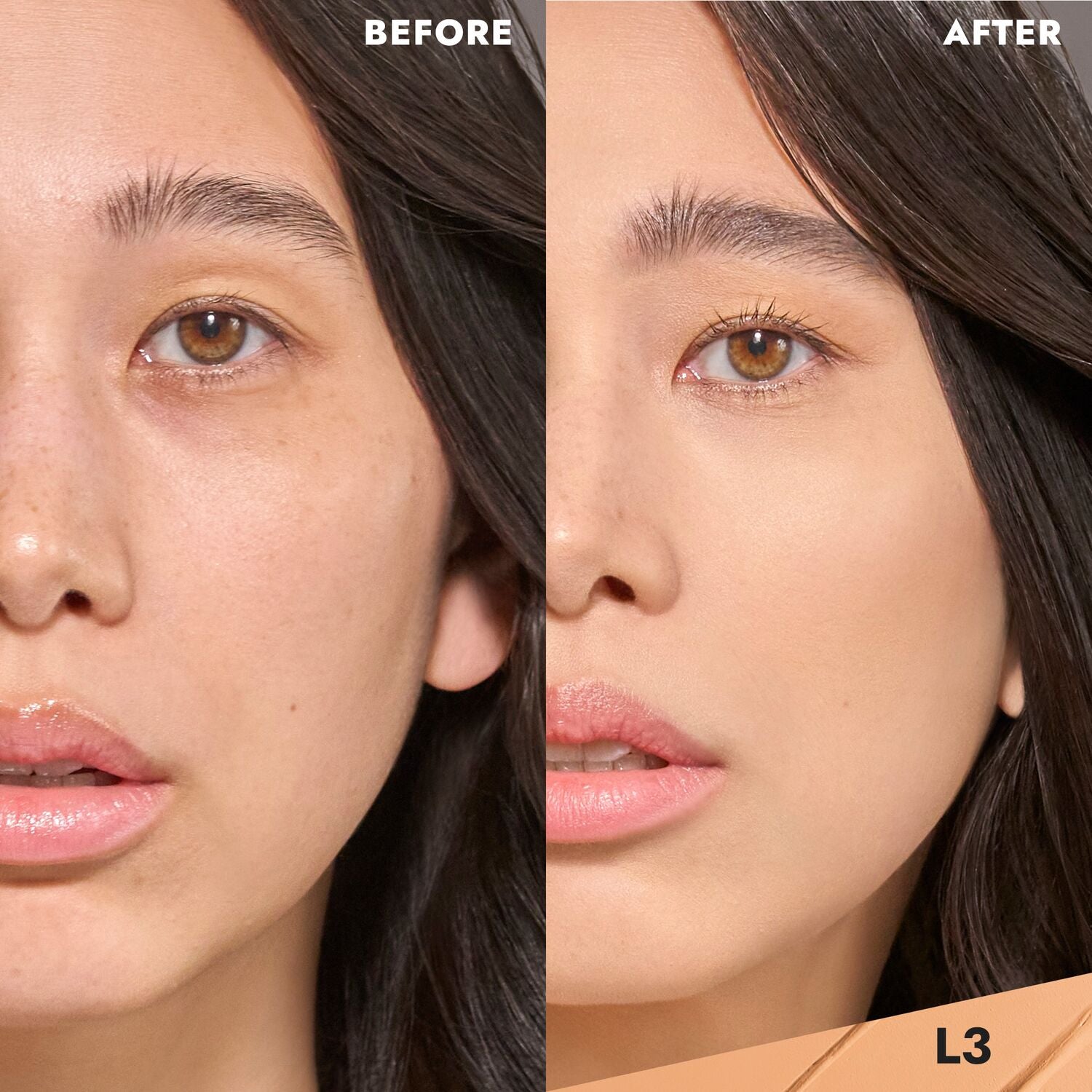 CoverFX Total Cover Cream Foundation Model before and after image in L3