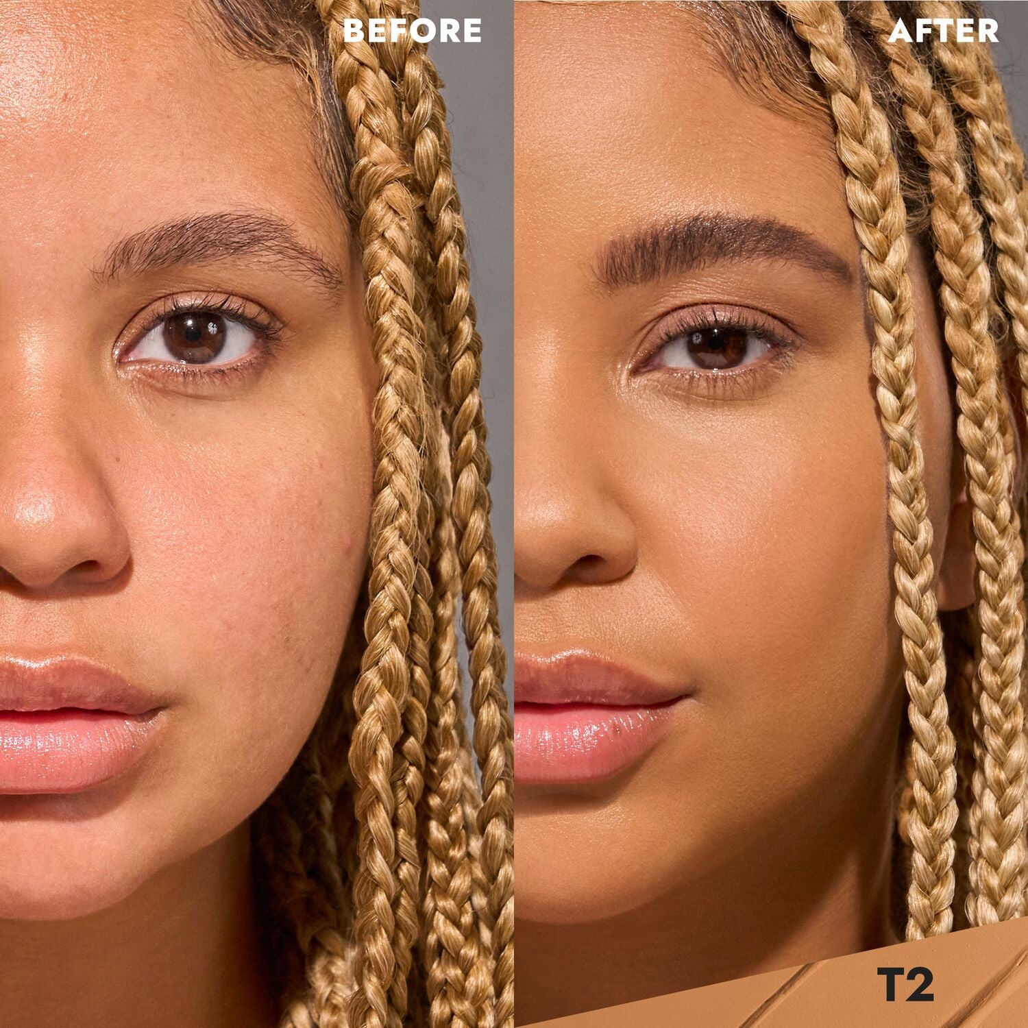 CoverFX Total Cover Cream Foundation Model before and after image in T2